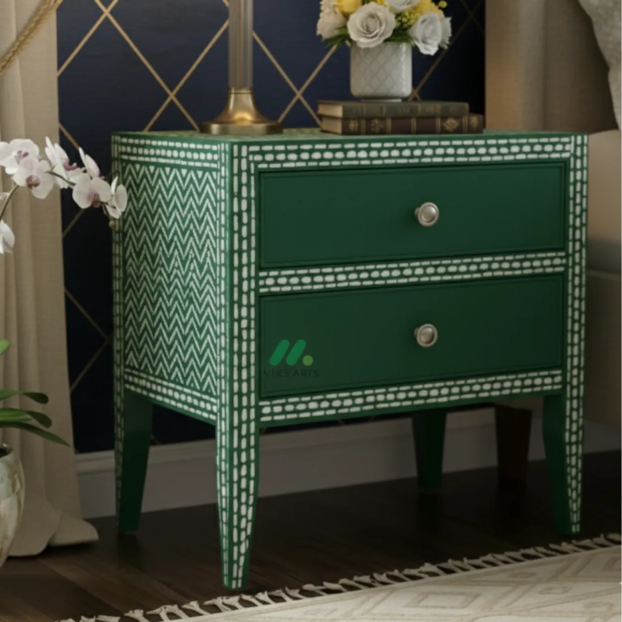 Bone Inlay Green Bedside Table with 2 Drawer - Image 4