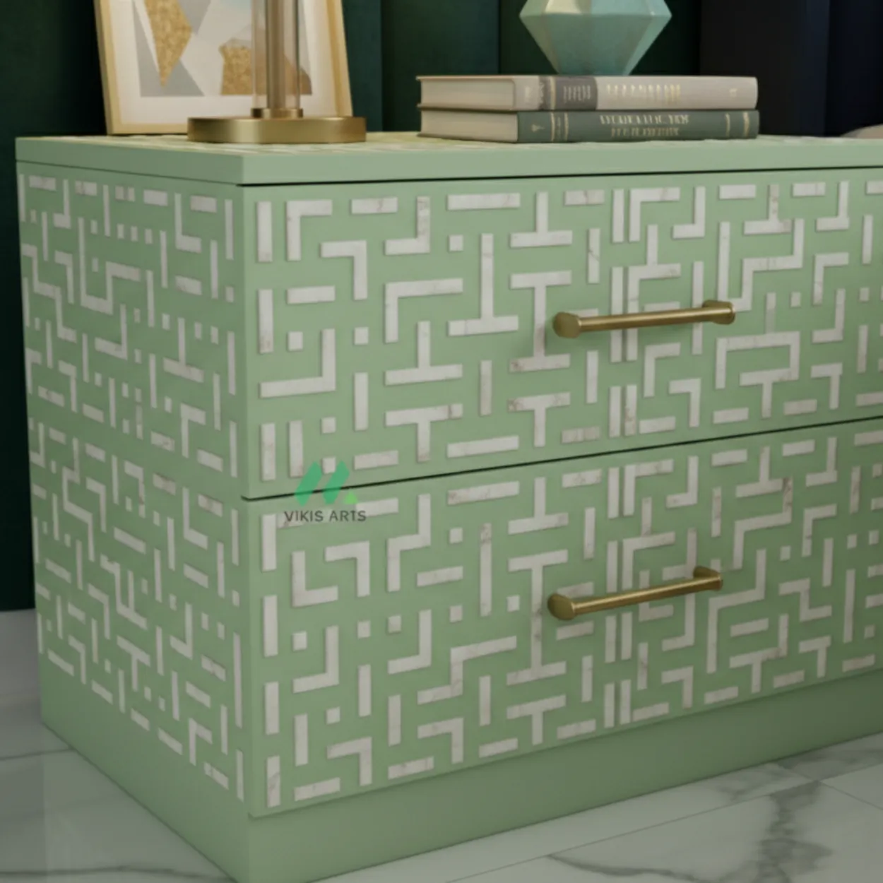 Bone Inlay Light green Nightstand with 2 Drawer - Image 4