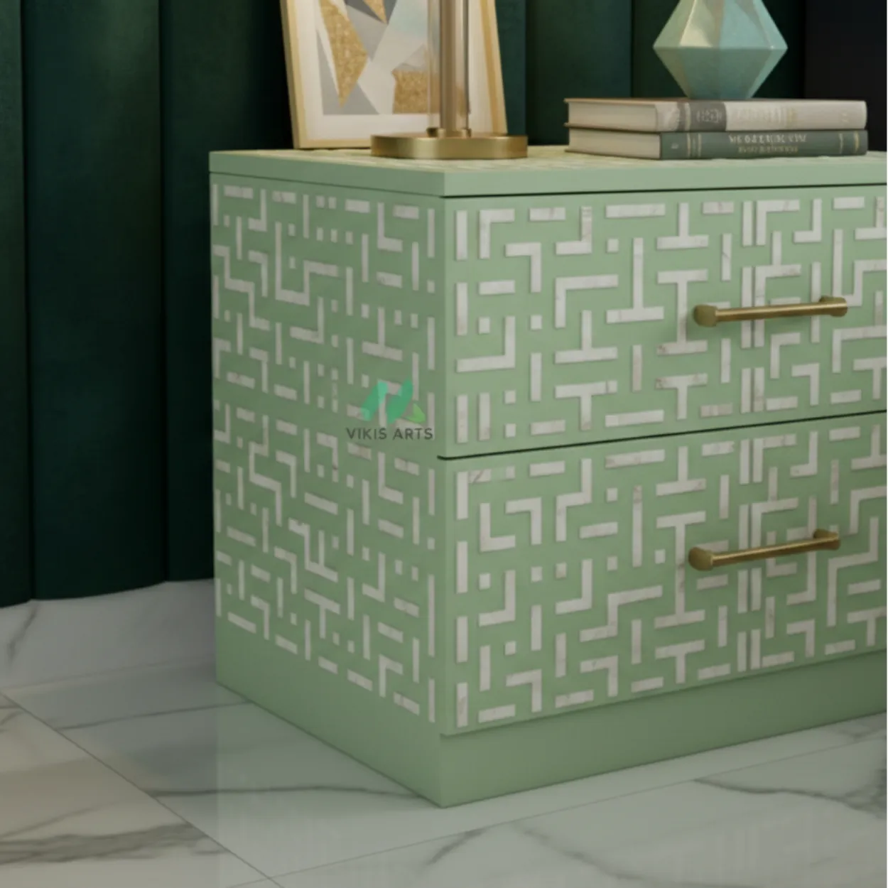 Bone Inlay Light green Nightstand with 2 Drawer - Image 5