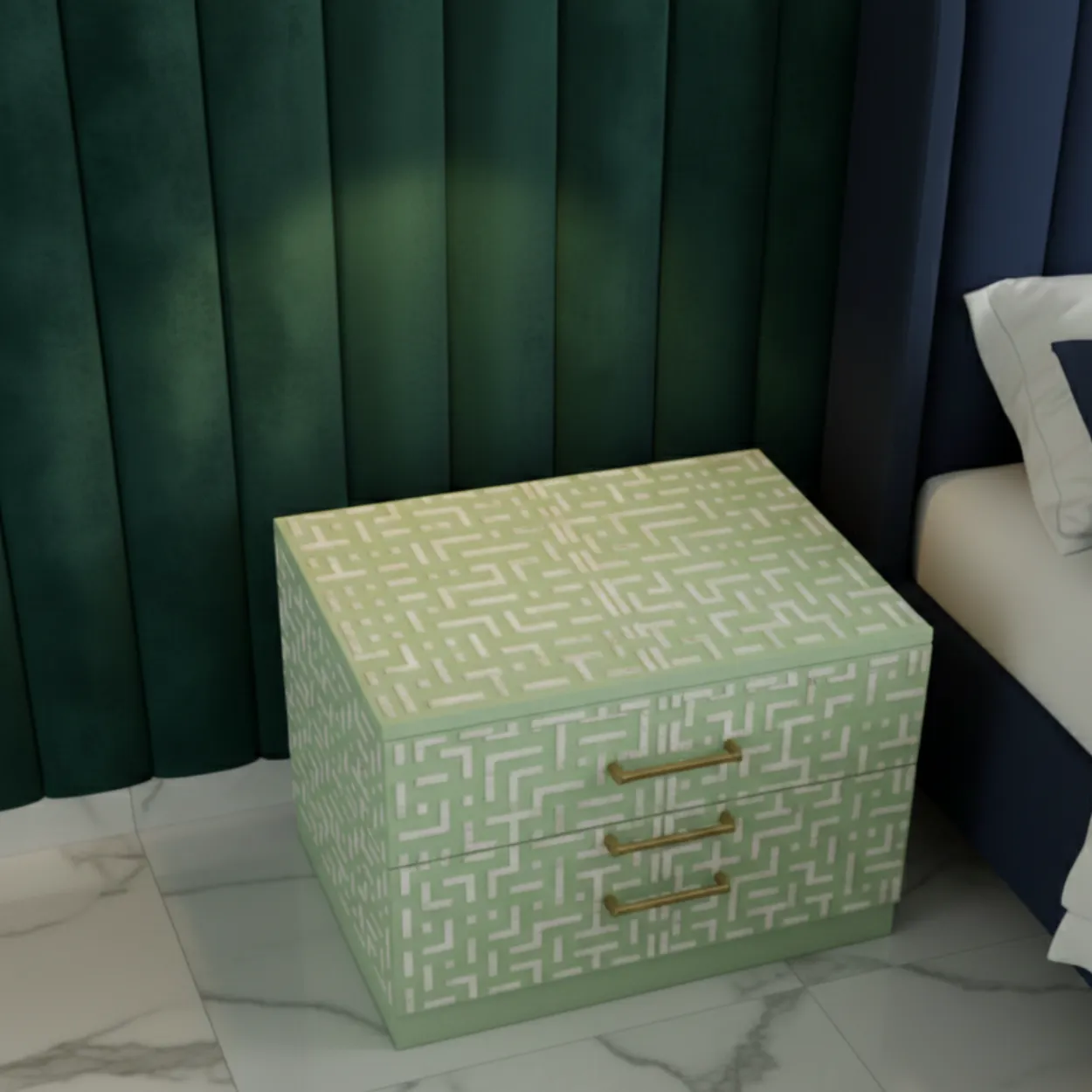 Bone Inlay Light green Nightstand with 2 Drawer - Image 3