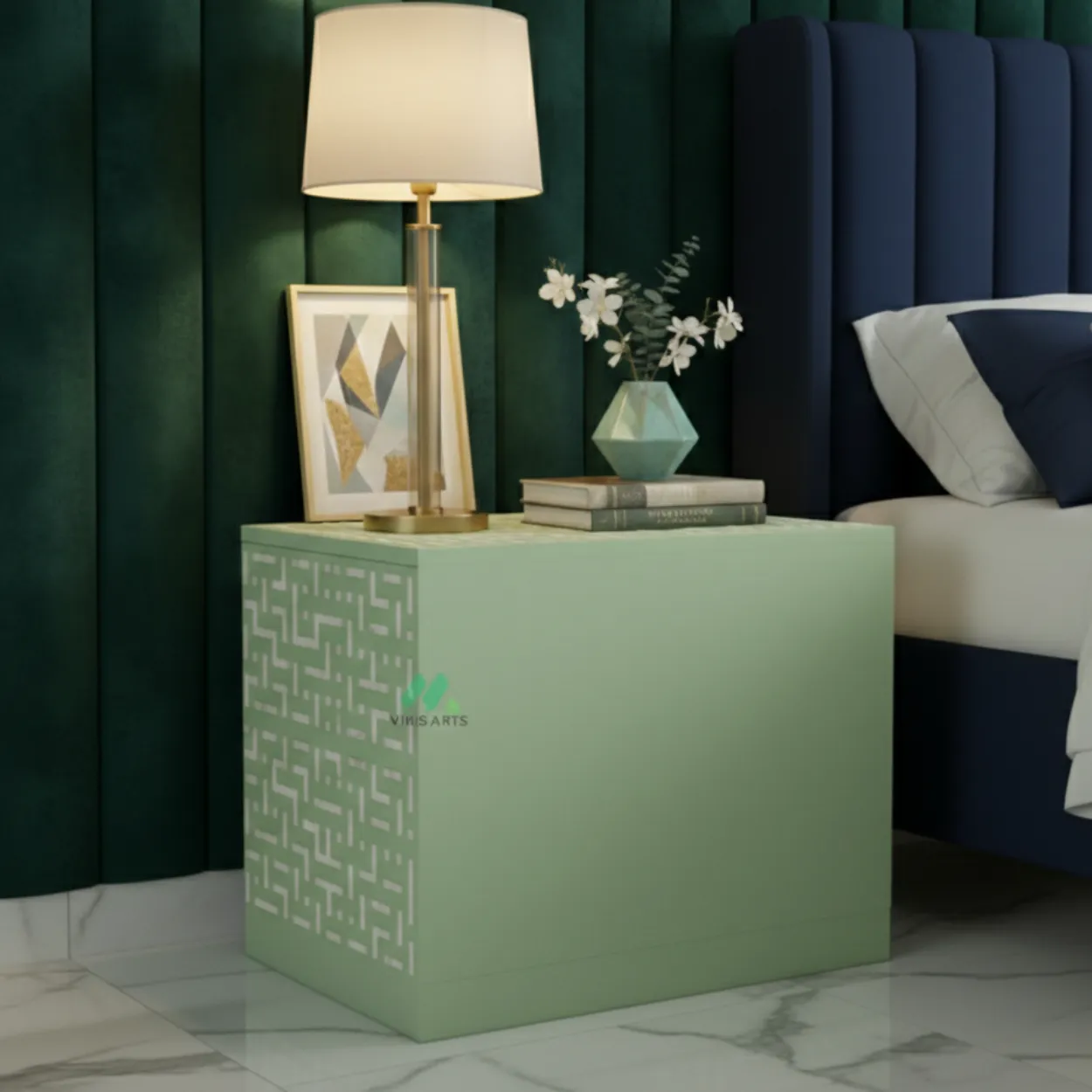 Bone Inlay Light green Nightstand with 2 Drawer - Image 2