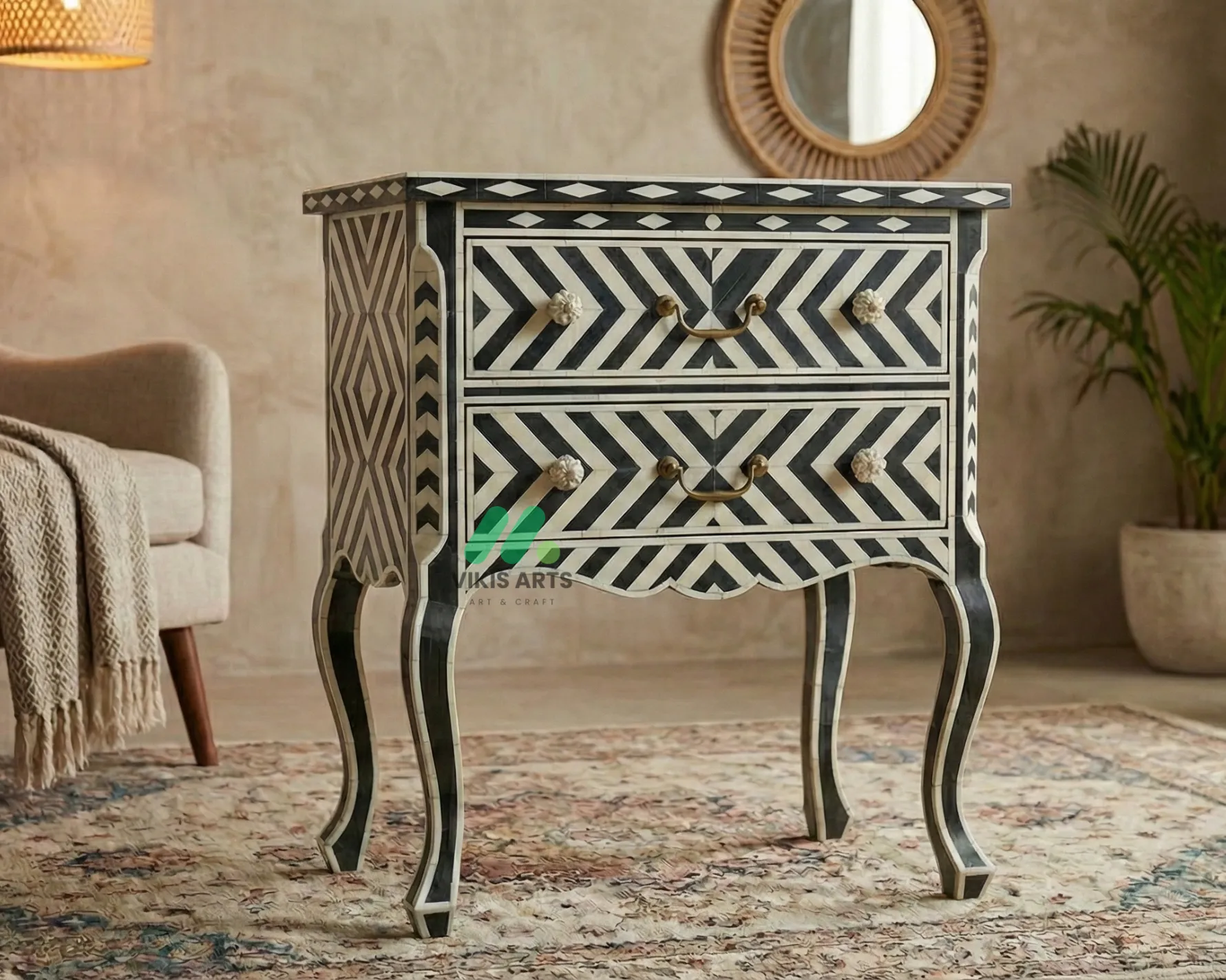 Bone inlay Black bedside table with 2 Drawers