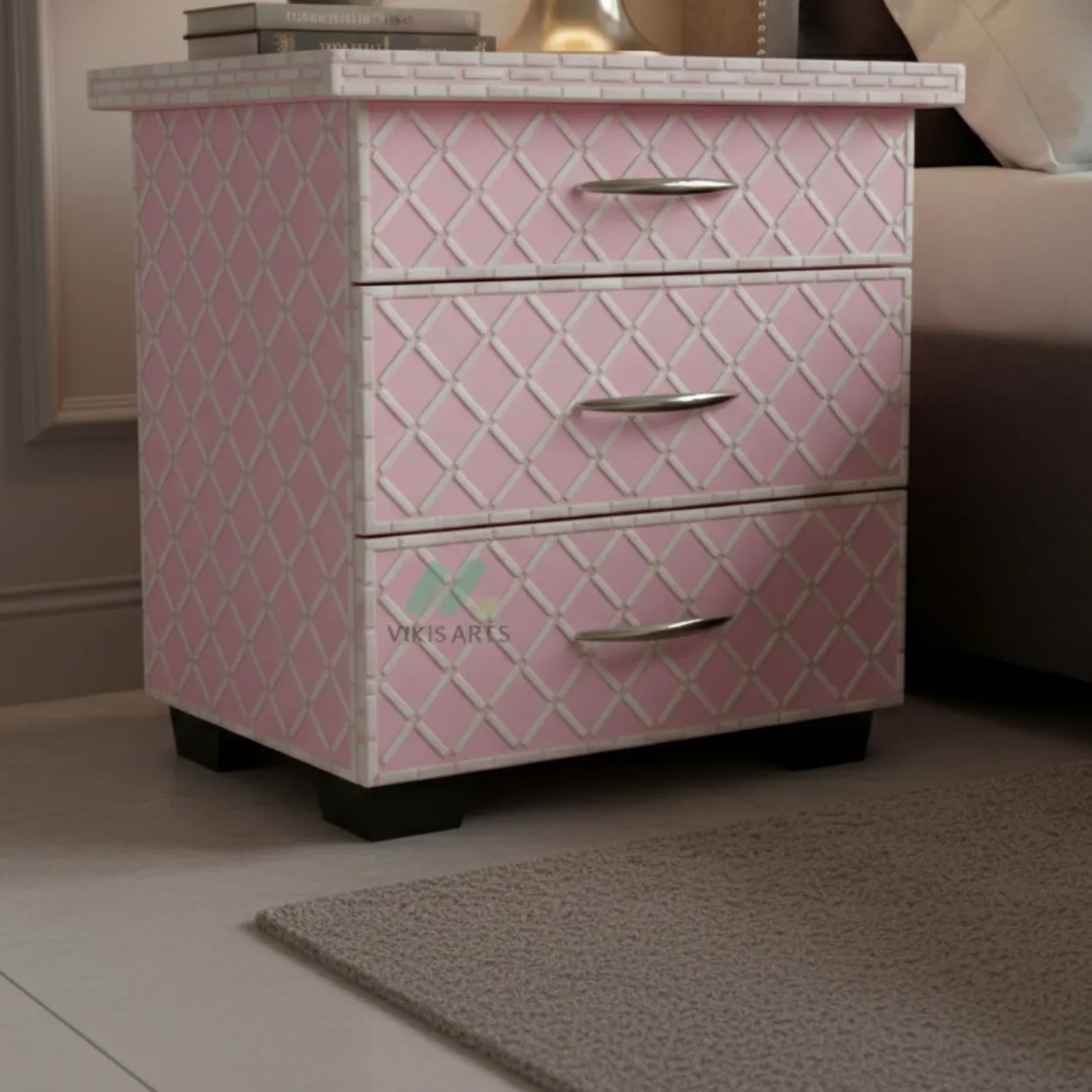Bone Inlay Pink Bedside Table with 3 Drawer - Image 5