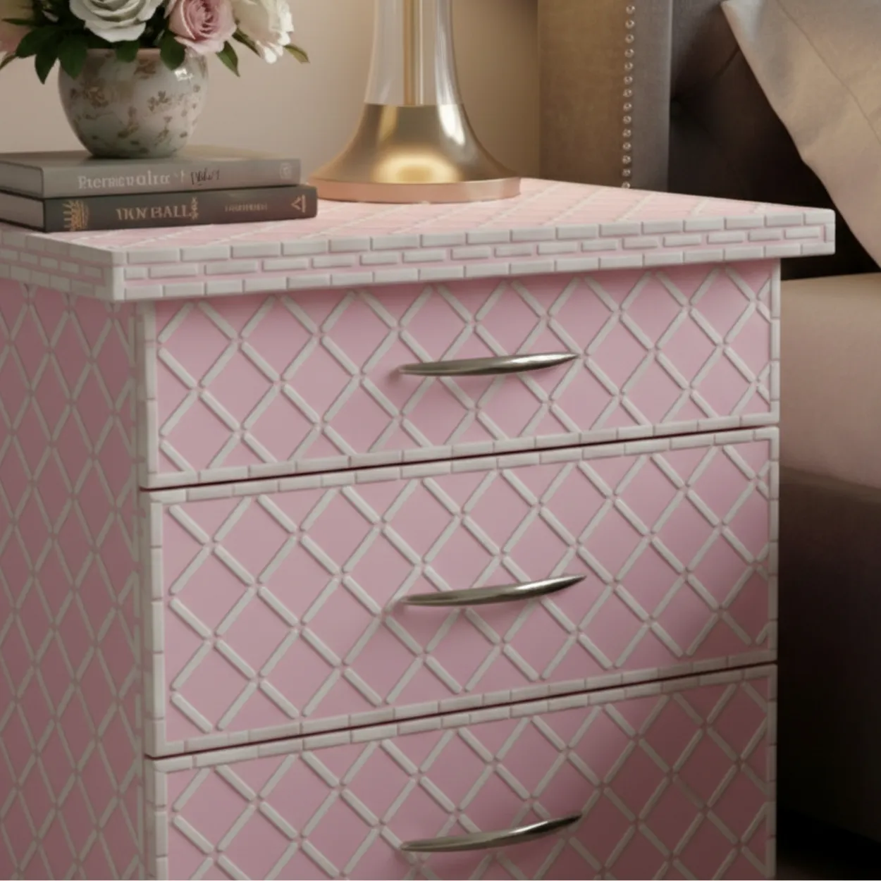 Bone Inlay Pink Bedside Table with 3 Drawer - Image 4