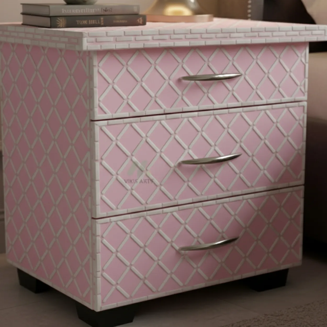 Bone Inlay Pink Bedside Table with 3 Drawer - Image 6