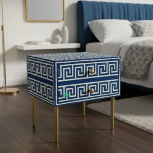Bone Inlay Blue Bedside Table with 2 Drawer