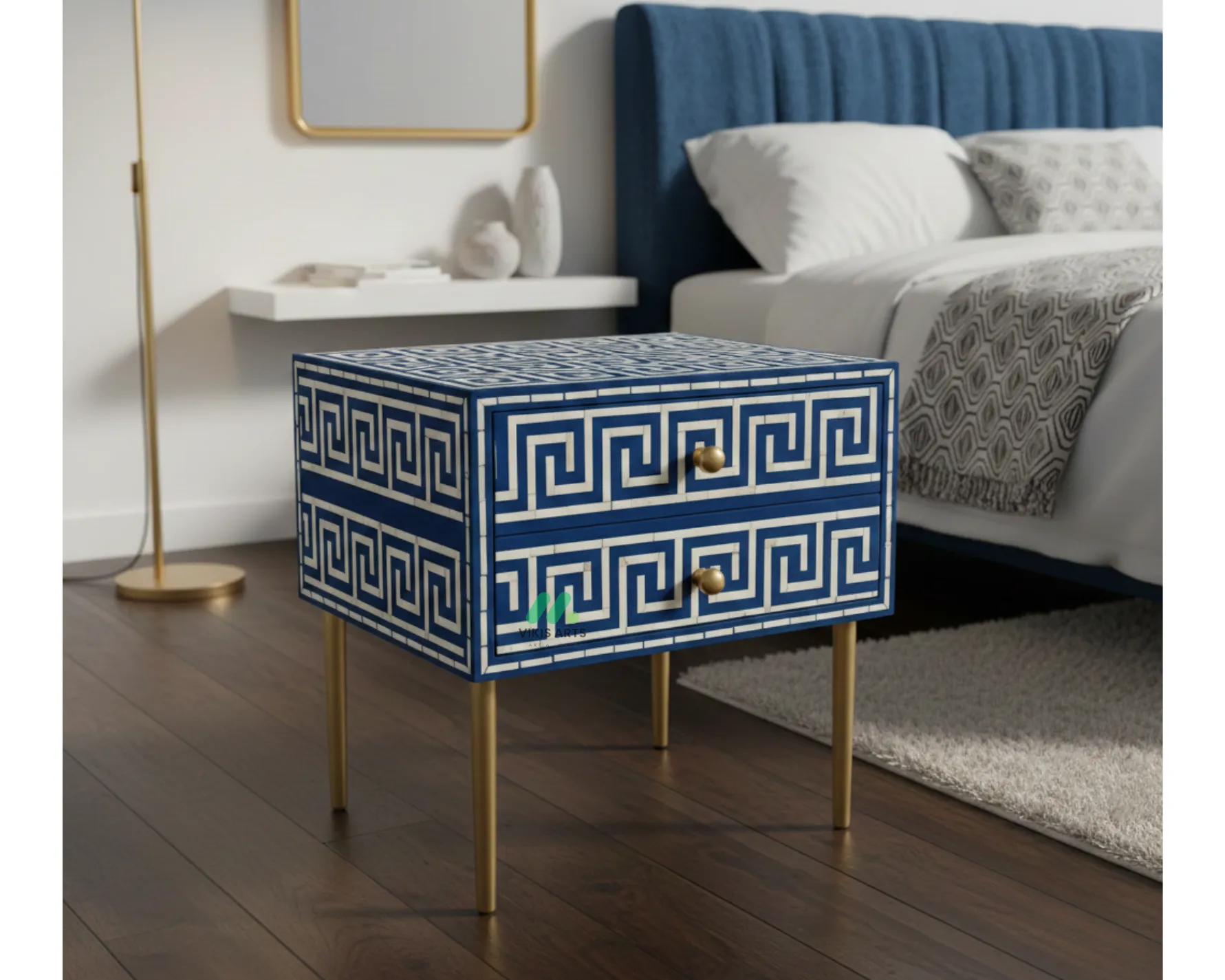 Bone Inlay Blue Bedside Table with 2 Drawer