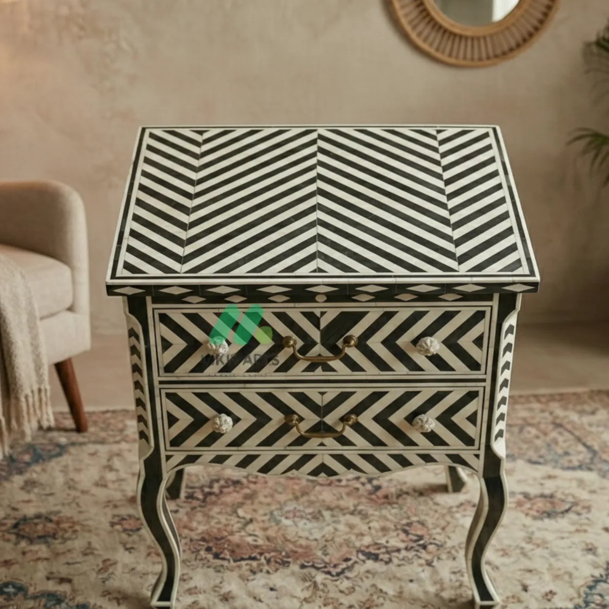 Bone inlay Black bedside table with 2 Drawers - Image 3