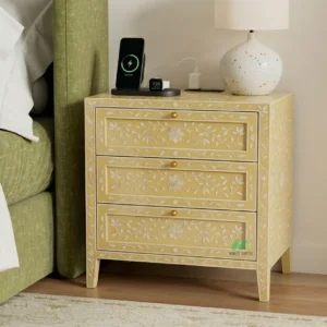 Bone Inlay Yellow Bedside Table with 3 Drawer
