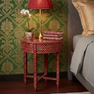 Bone Inlay Red Round Bedside Table with 1 Drawer