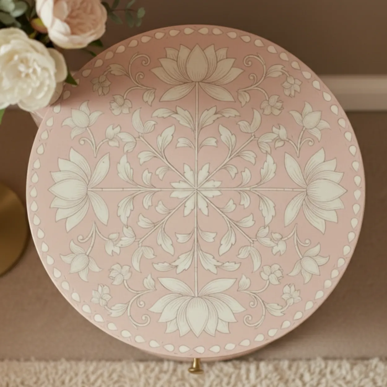 Bone Inlay Pink Round Bedside Table - Image 3
