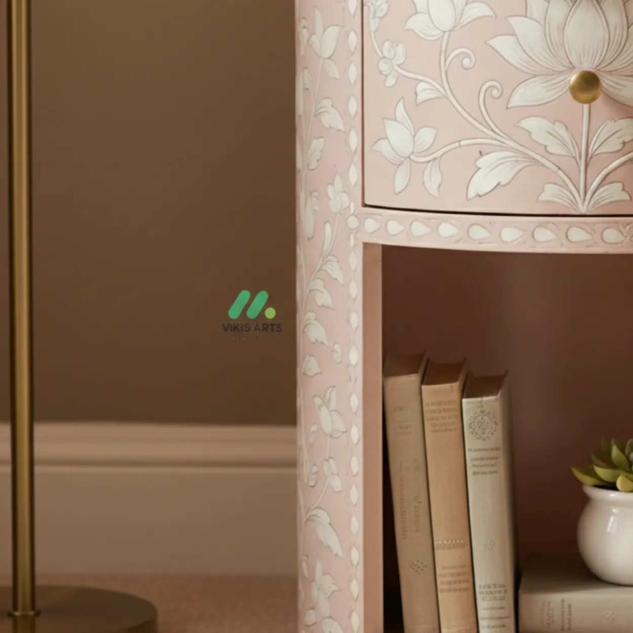 Bone Inlay Pink Round Bedside Table - Image 4