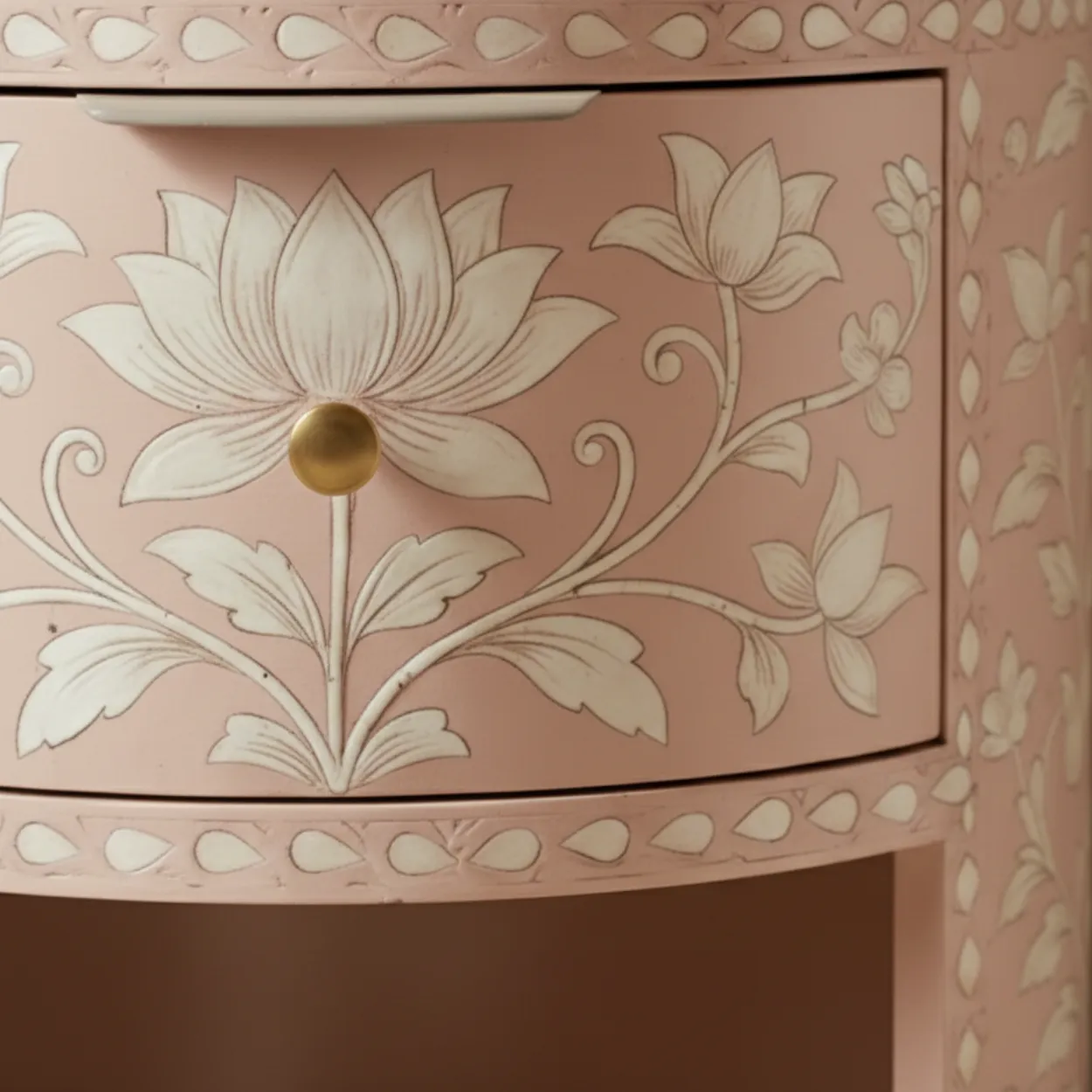 Bone Inlay Pink Round Bedside Table - Image 5