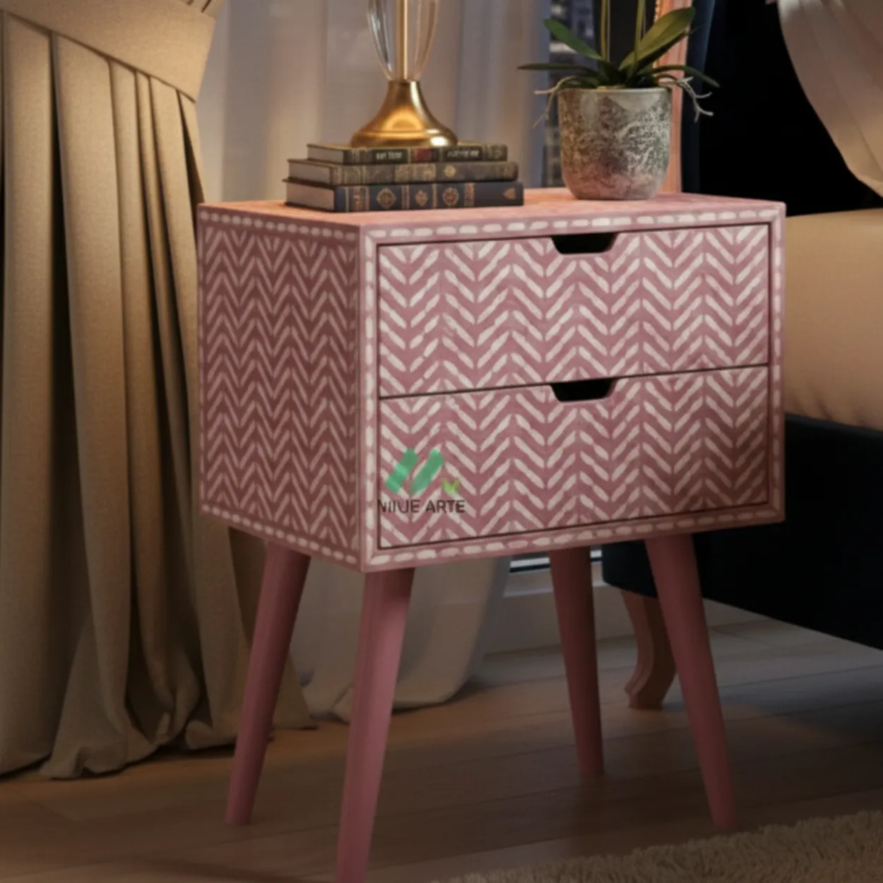 Bone Inlay Pink Bedside Table - Image 5