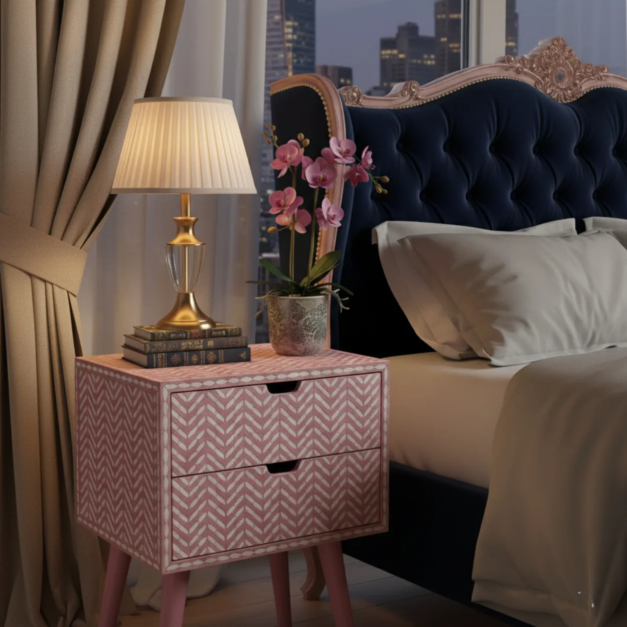 Bone Inlay Pink Bedside Table - Image 6