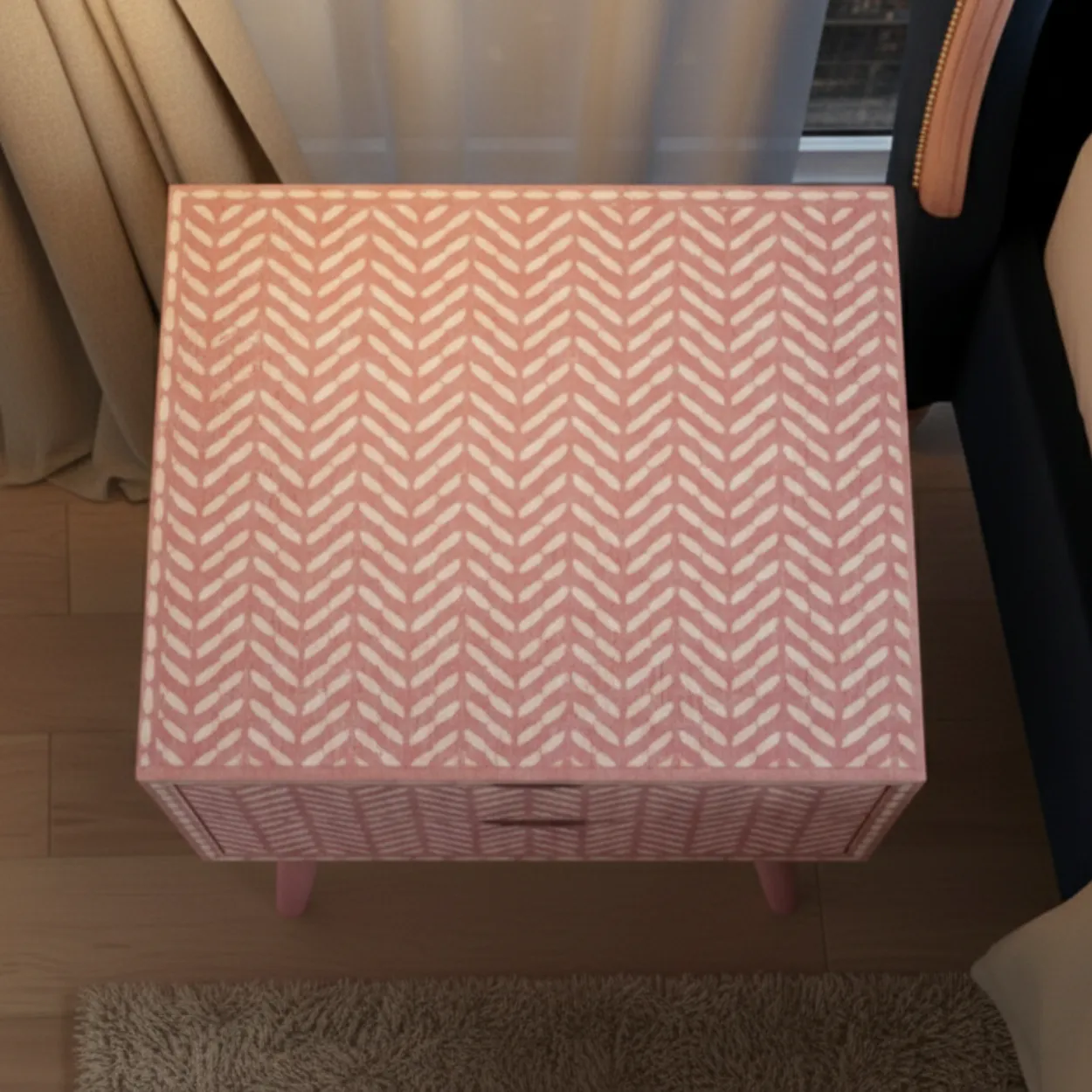 Bone Inlay Pink Bedside Table - Image 4