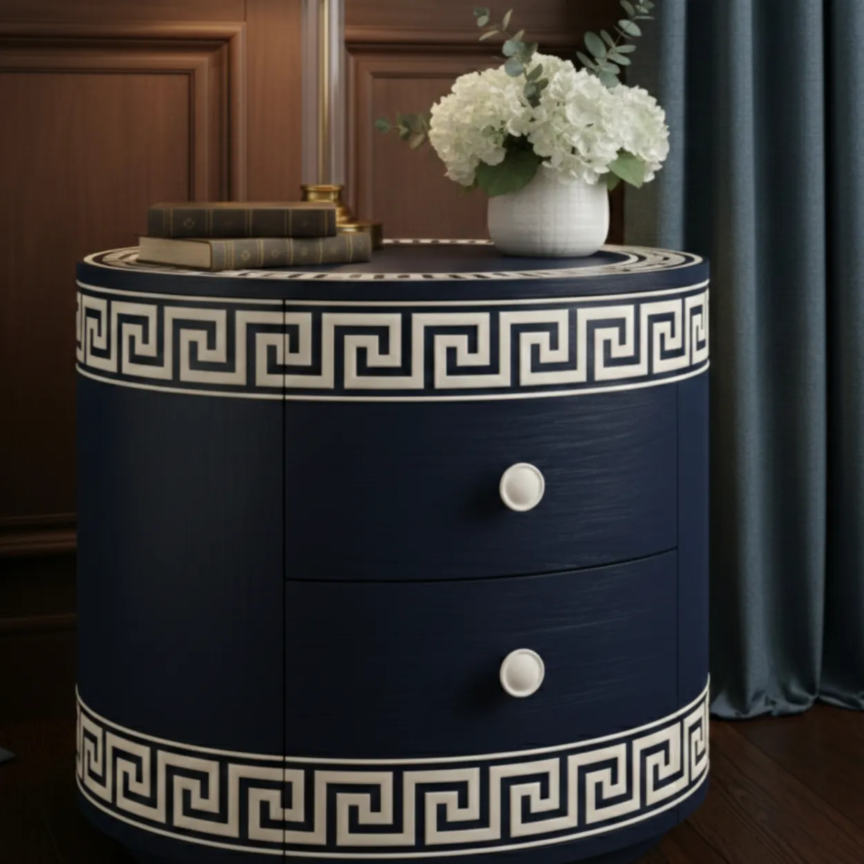 Bone Inlay Navy Blue Bedside Table - Image 5