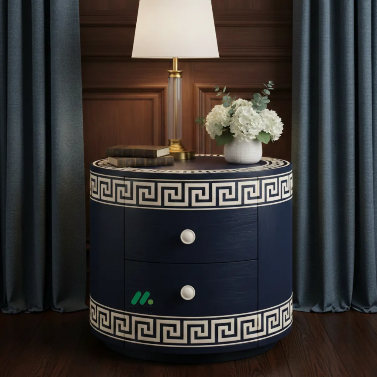 Bone Inlay Navy Blue Bedside Table