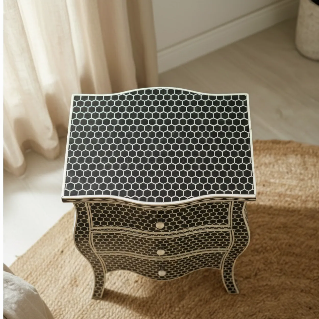 Bone Inlay Black bedside table with 3 Drawers - Image 3
