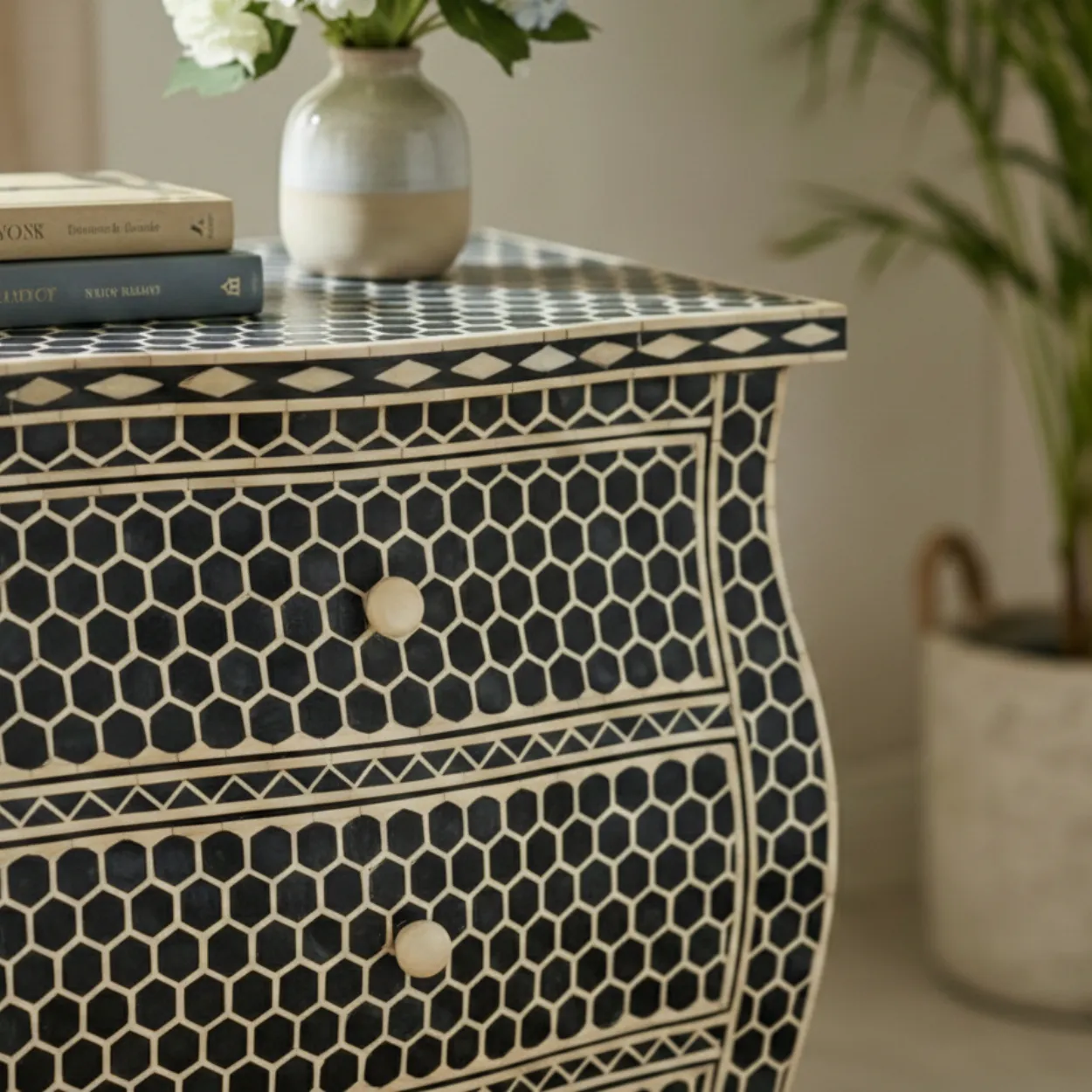 Bone Inlay Black bedside table with 3 Drawers - Image 4