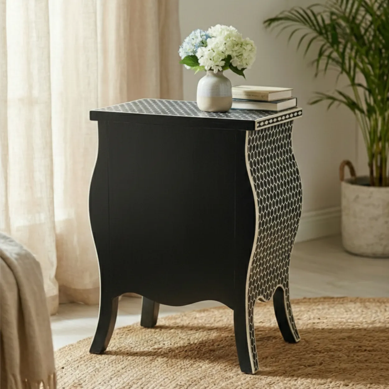 Bone Inlay Black bedside table with 3 Drawers - Image 2