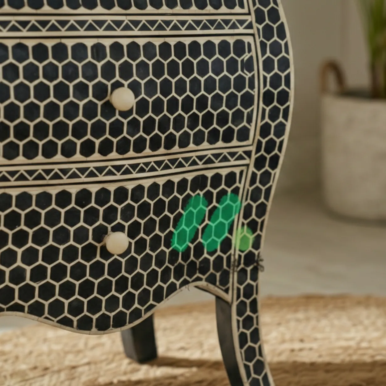 Bone Inlay Black bedside table with 3 Drawers - Image 5