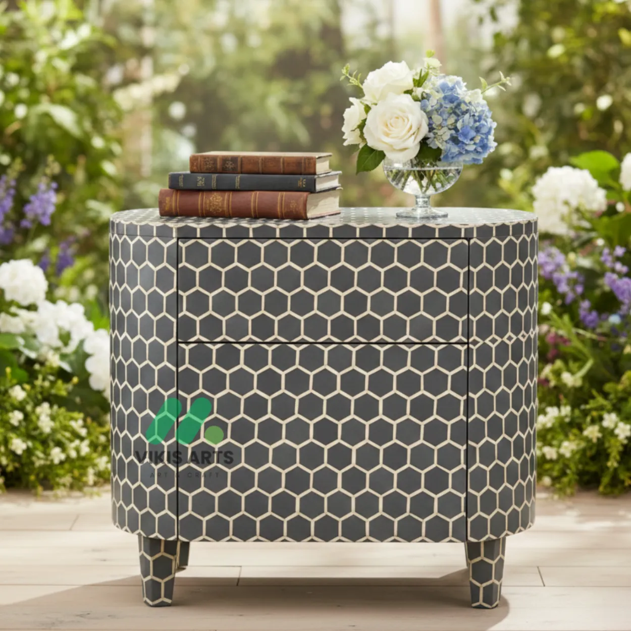 Bone Inlay Grey Bedside Table