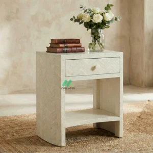 Bone Inlay White bedside table with 1 Drawer