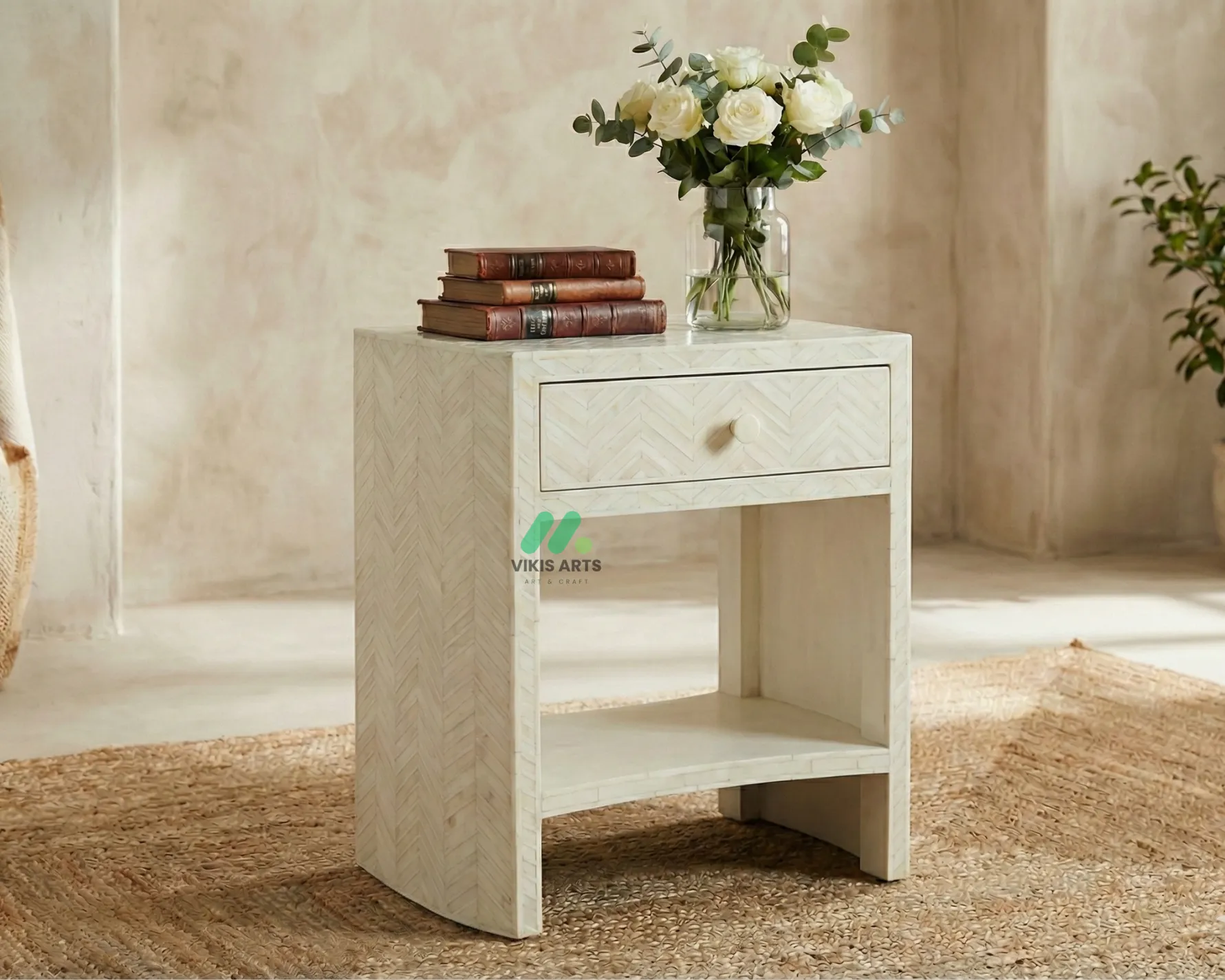 Bone Inlay White bedside table with 1 Drawer