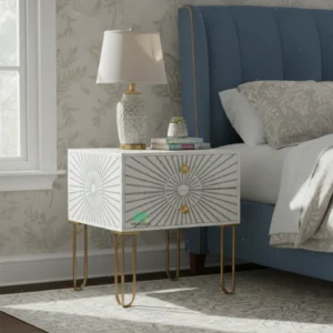 Bone Inlay White bedside table with 2 Drawer