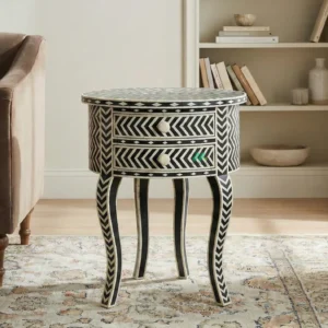 Bone Inlay Black Round bedside table with 2 Drawer