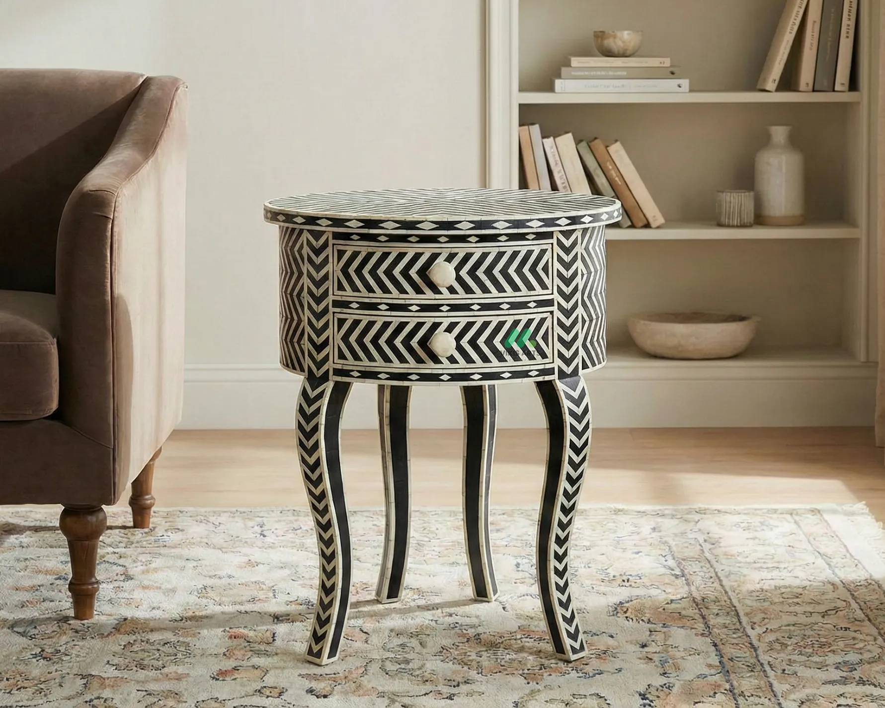 Bone Inlay Black Round bedside table with 2 Drawer