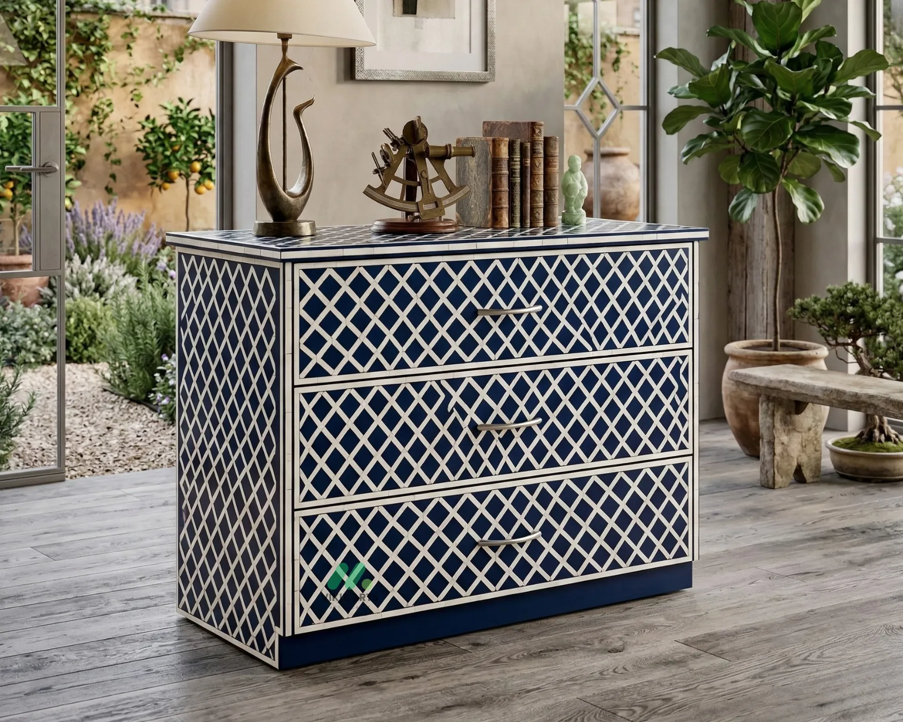 Bone Inlay Navy Blue 3 Chest of Drawer