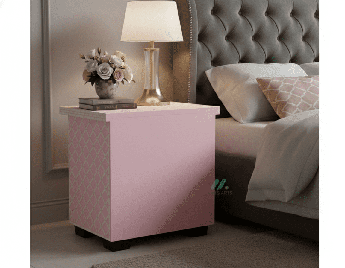 Bone Inlay Pink Bedside Table with 3 Drawer - Image 2
