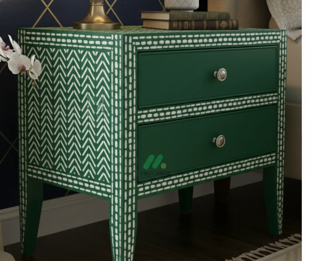 Bone Inlay Green Bedside Table with 2 Drawer - Image 5