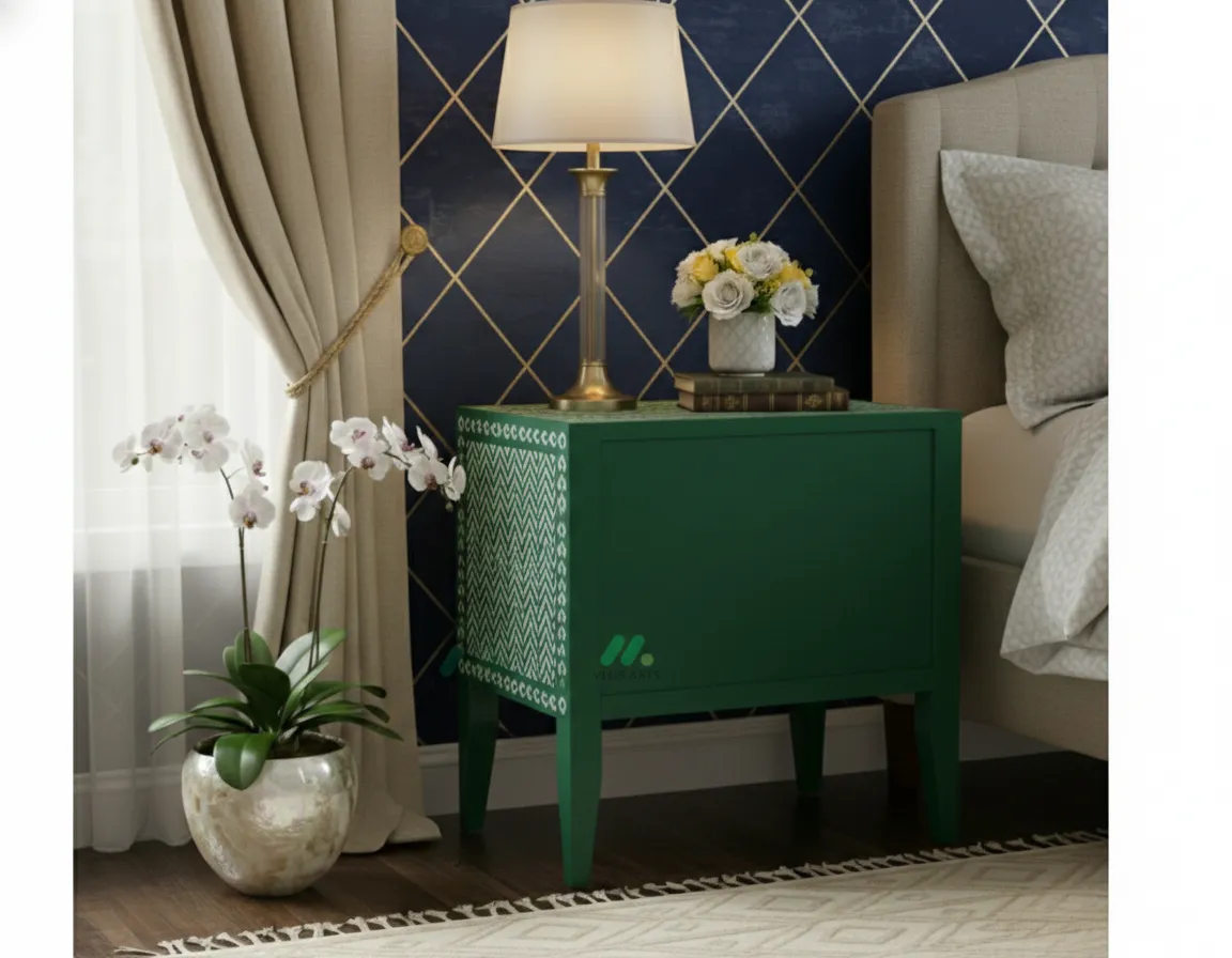 Bone Inlay Green Bedside Table with 2 Drawer - Image 2
