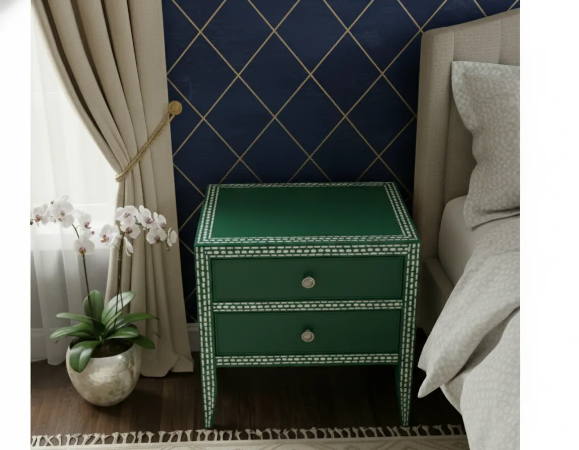 Bone Inlay Green Bedside Table with 2 Drawer - Image 3