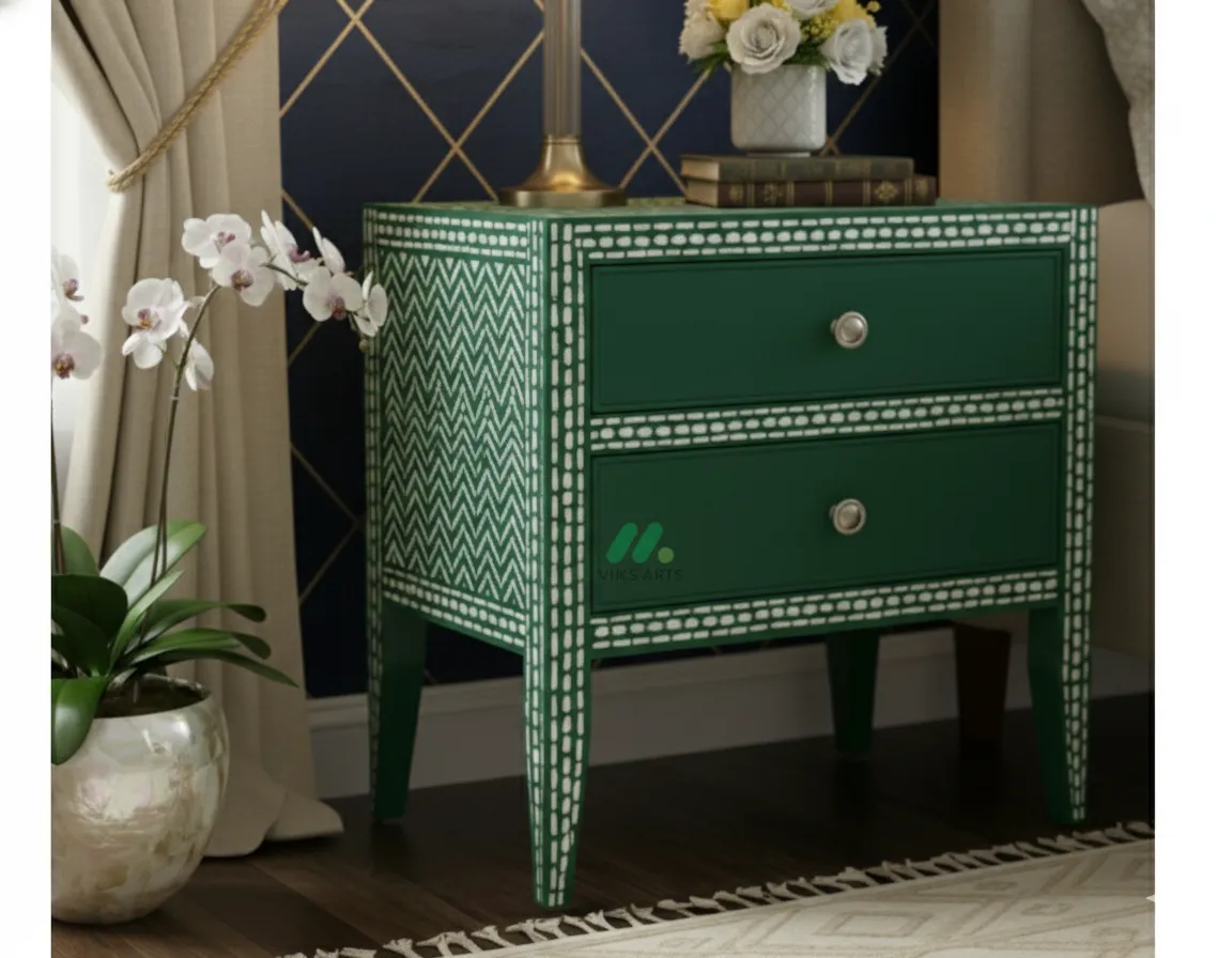 Bone Inlay Green Bedside Table with 2 Drawer - Image 6