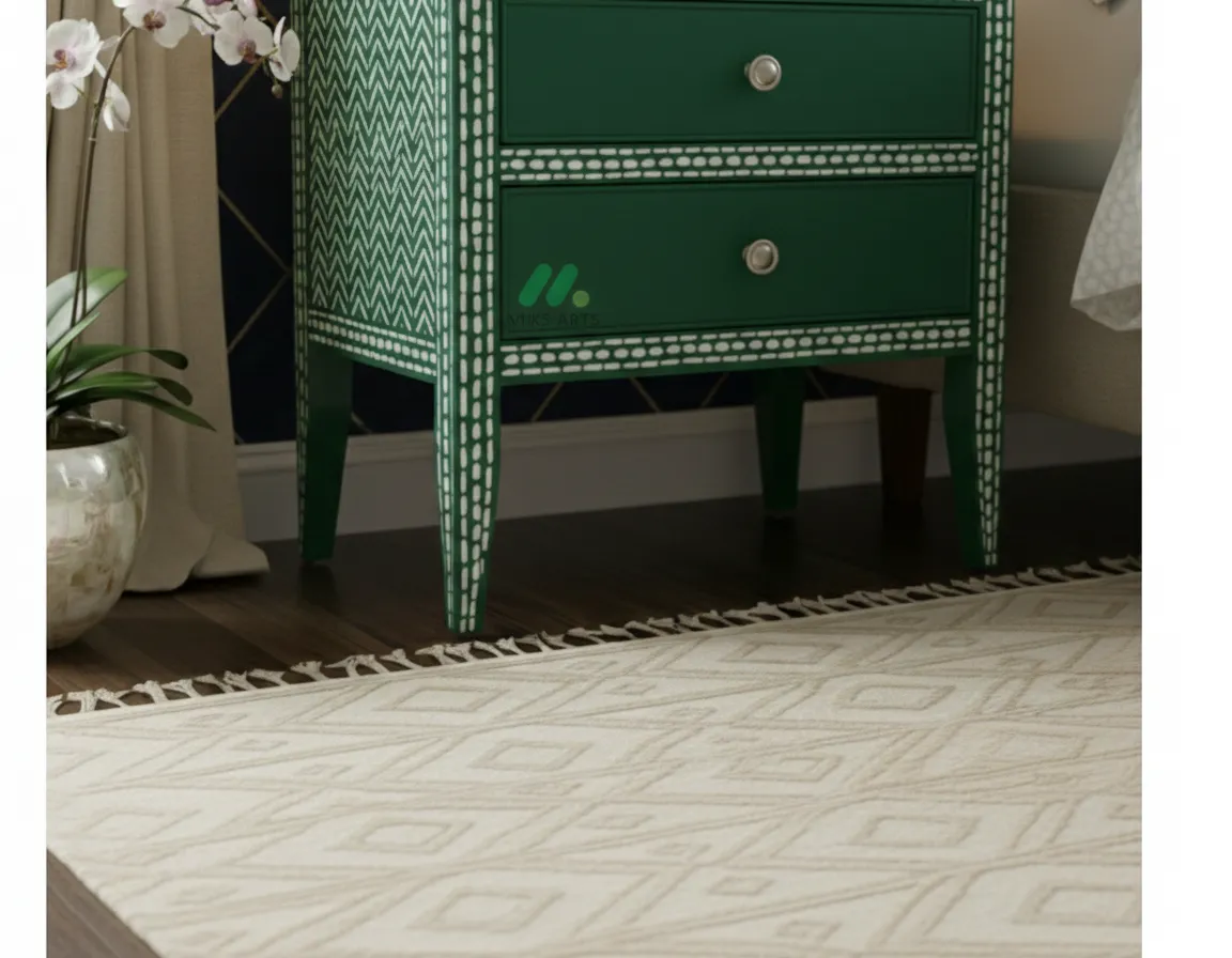 Bone Inlay Green Bedside Table with 2 Drawer - Image 7