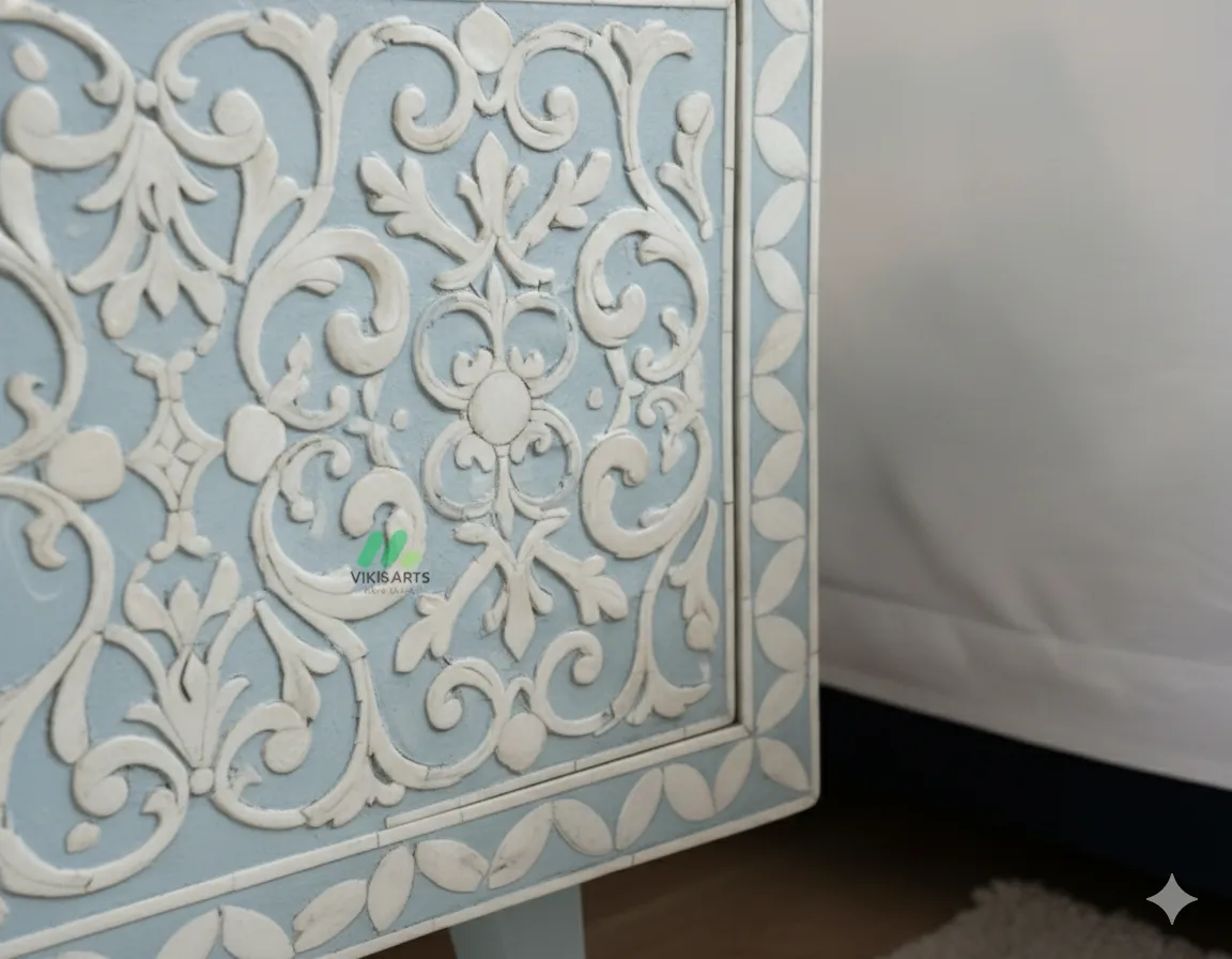 Bone Inlay Light Blue Bedside Table with Drawer - Image 4