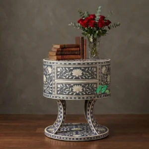 Bone inlay Grey Round  bedside table