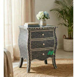 Bone inlay Black bedside table with 3 Drawers