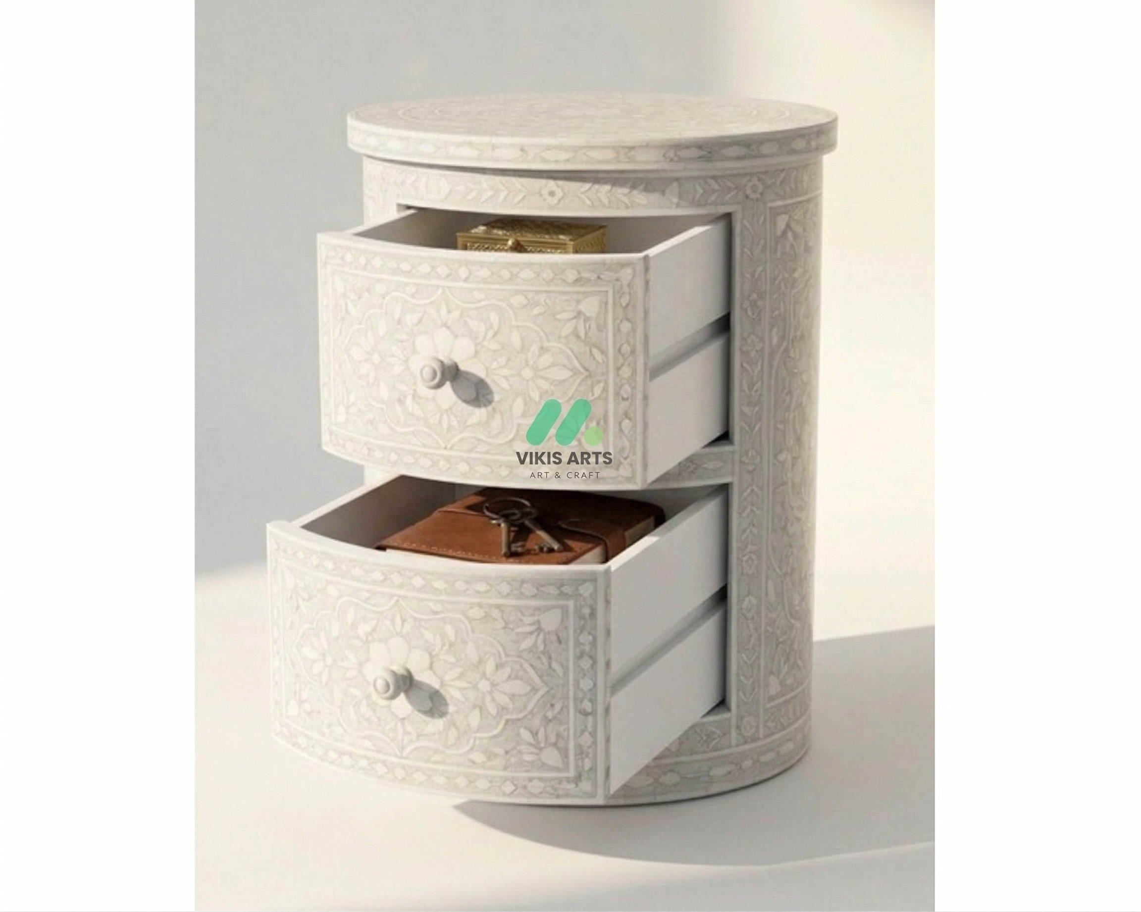 Bone inlay White Round bedside table with 2 Drawers - Image 3