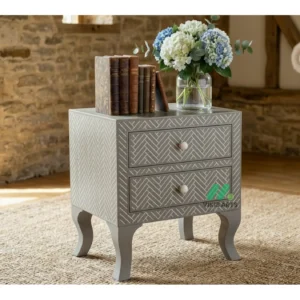 Bone inlay Grey bedside table with 2 Drawers