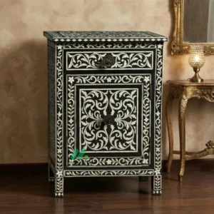 Bone Inlay Black Bedside Table with 2 Drawers
