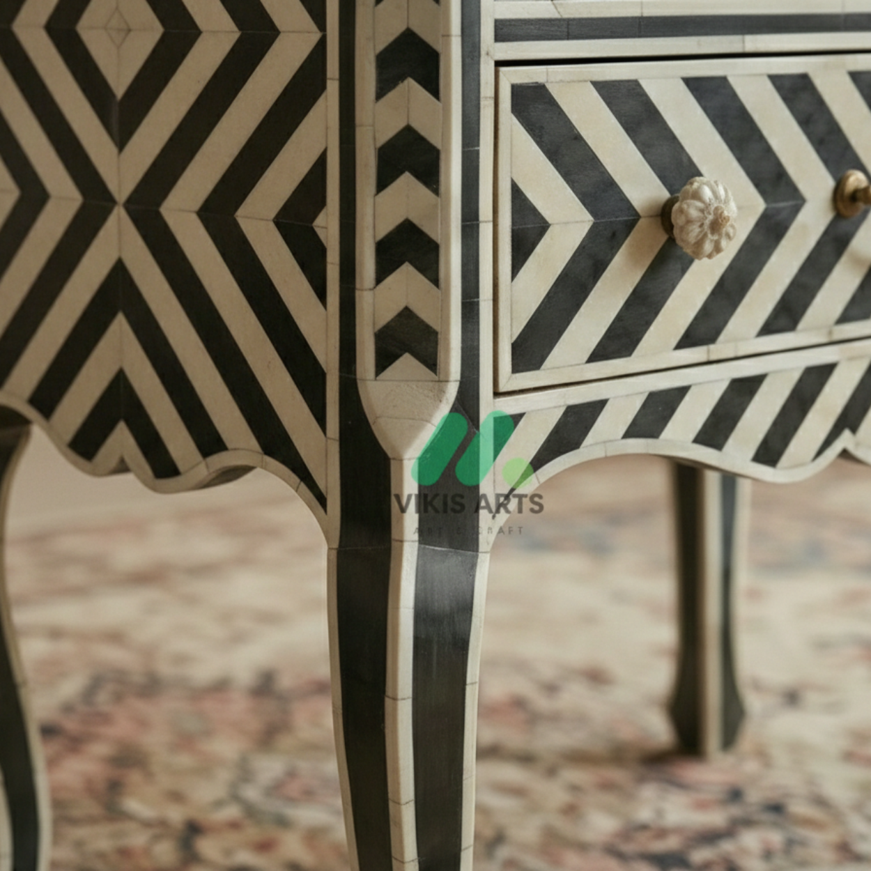 Bone inlay Black bedside table with 2 Drawers - Image 4