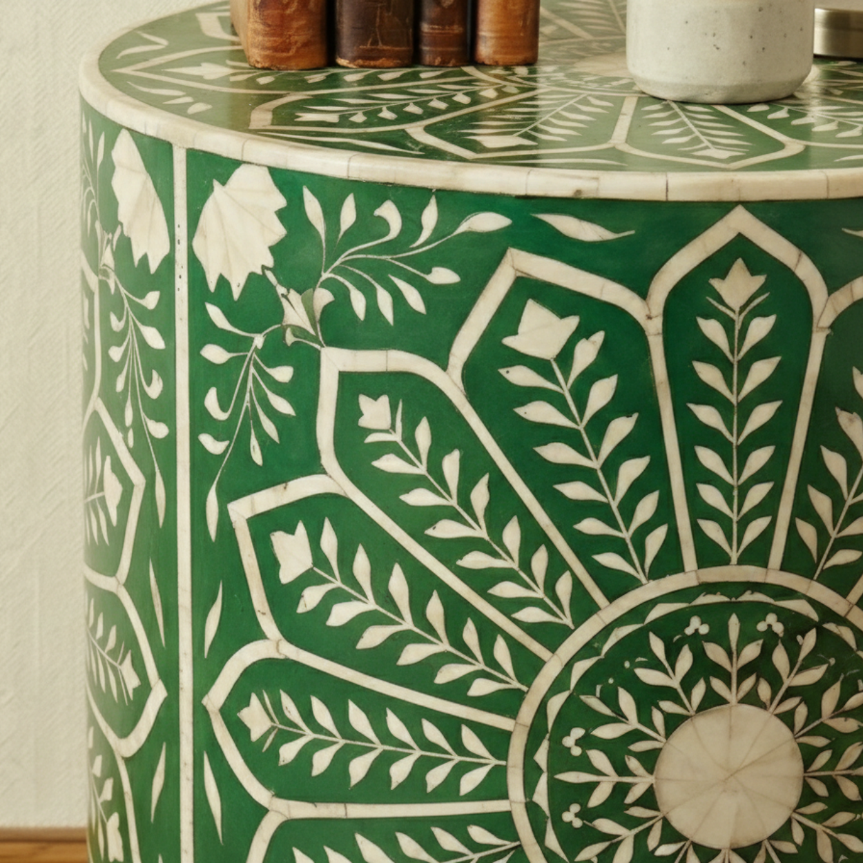 Bone Inlay Green Round bedside table - Image 5