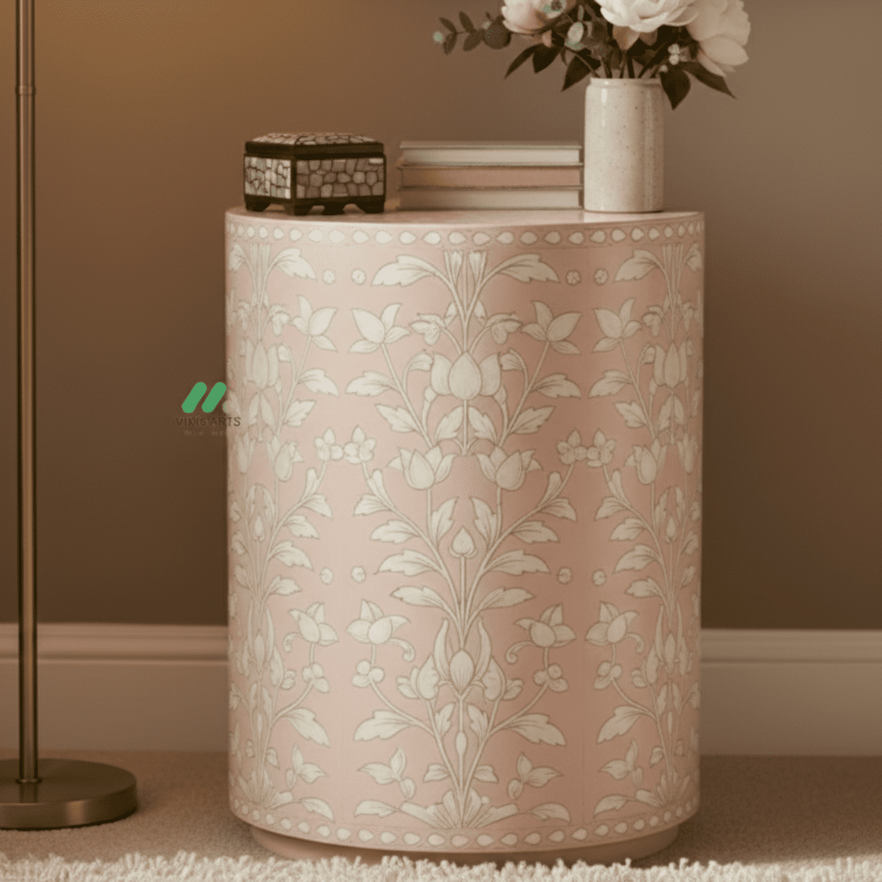 Bone Inlay Pink Round Bedside Table - Image 2