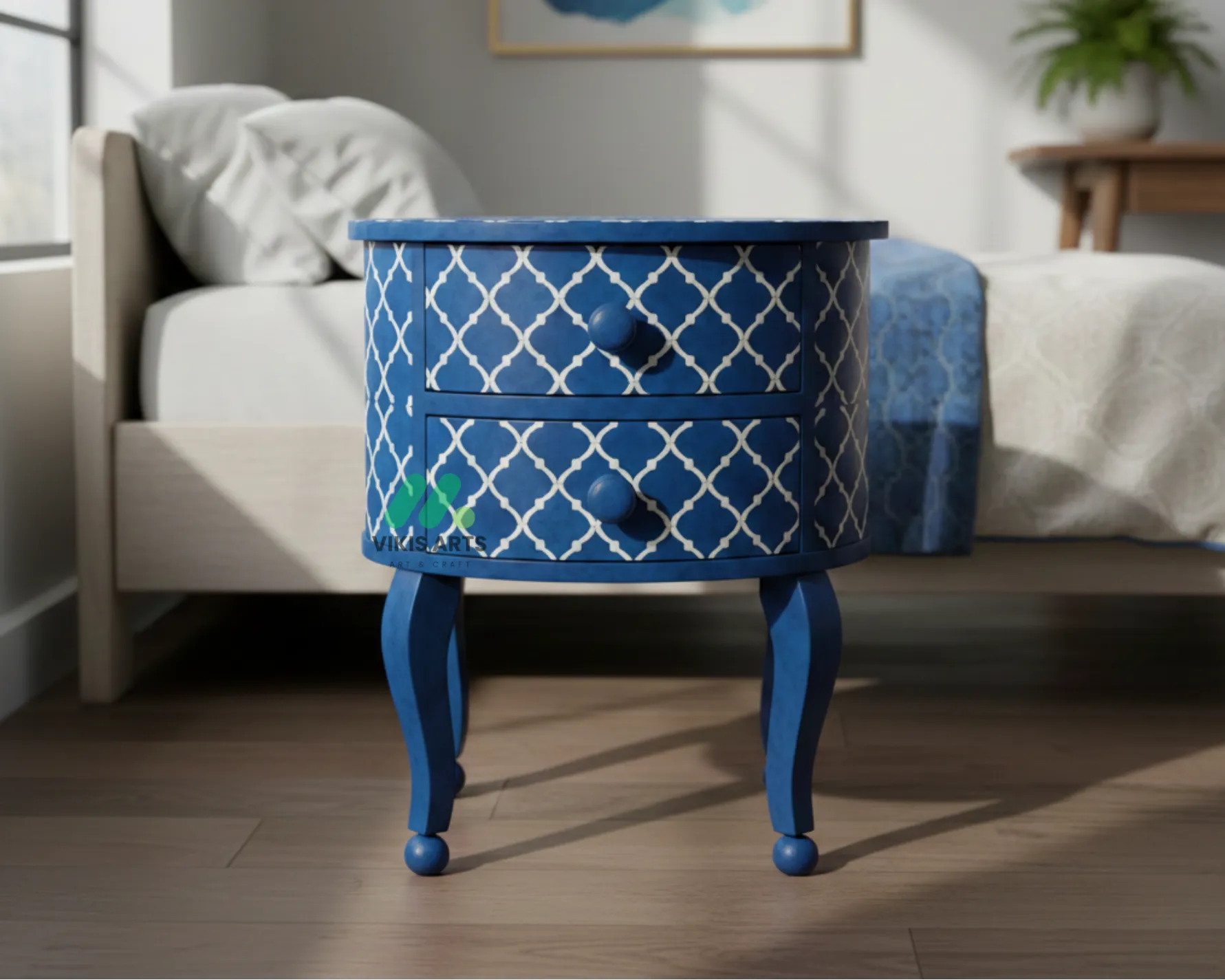 Bone Inlay Blue Round bedside table with 2 Drawer