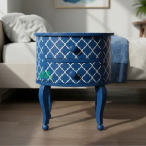 Bone inlay Blue Round bedside table with 2 Drawers